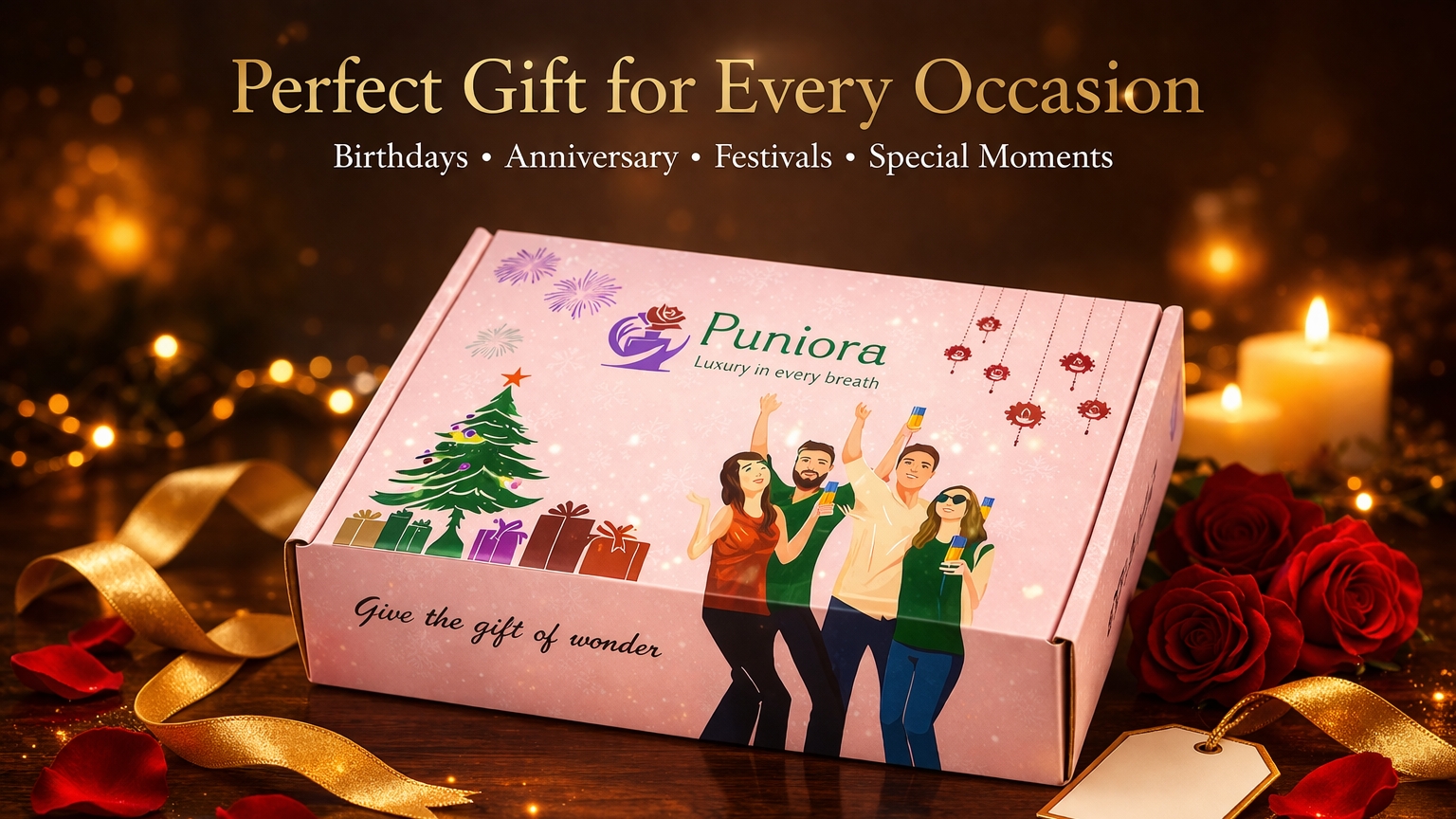 Luxury perfume gift box by Puniora on wooden table with candles, roses and golden lights, perfect for birthdays, anniversary and festival gifting