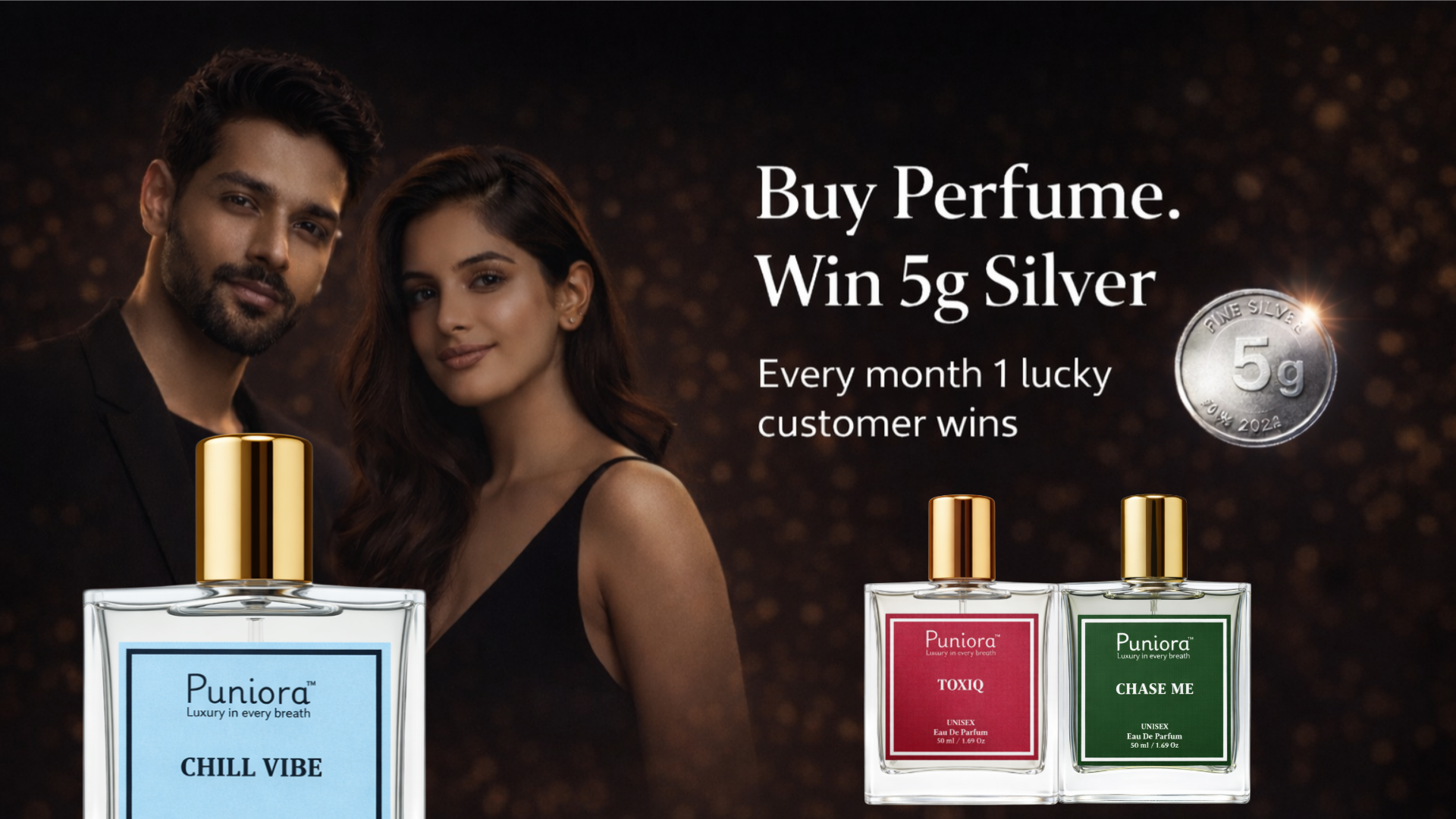Long lasting unisex perfumes by Puniora with couple model and 5g silver offer banner