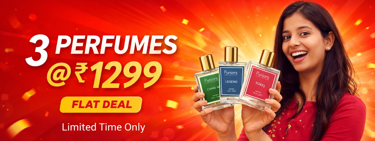 Buy 3 perfumes at 1299 offer banner showing a woman holding Puniora perfume
