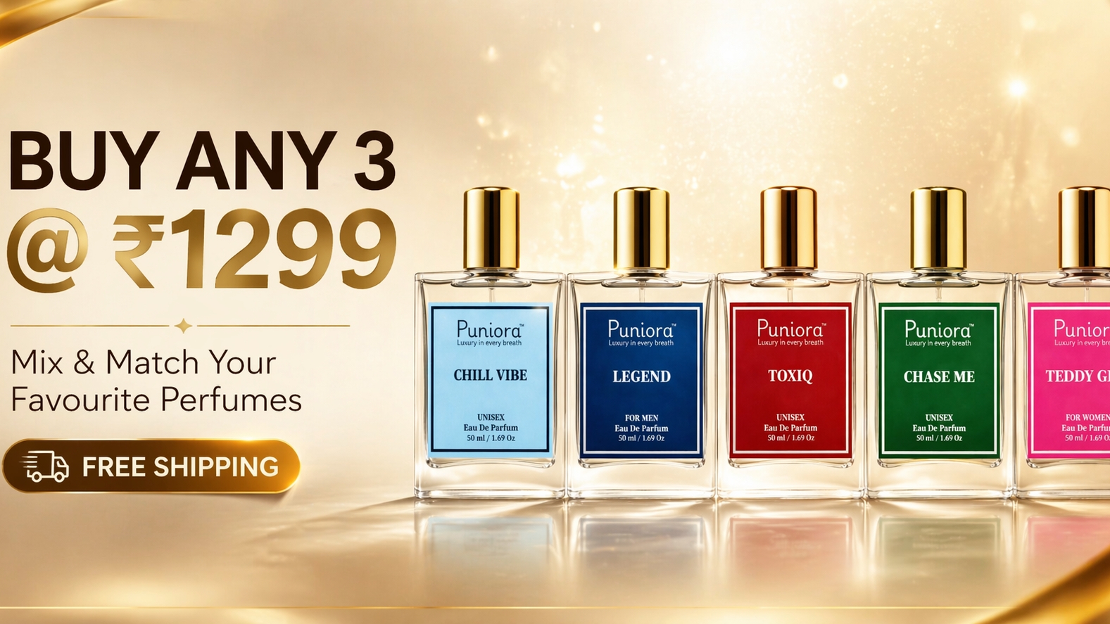Buy any 3 long lasting unisex perfumes at ₹1299 with free shipping – premium fragrance collection by Puniora