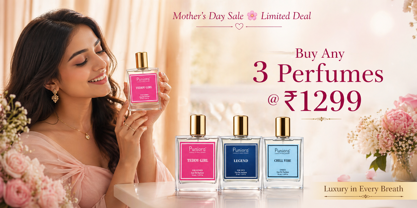 Buy 3 perfumes at ₹1299 Mother’s Day offer – Puniora Teddy Girl, Legend and Chill Vibe luxury perfumes with model